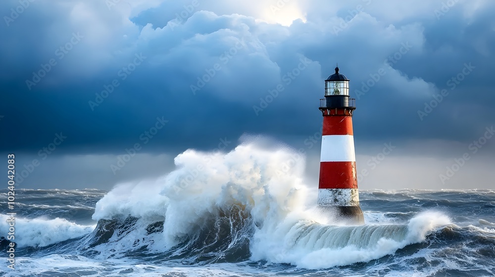 Powerful ocean waves crashing against a sturdy lighthouse during an intense storm Powerful ocean waves crashing against a sturdy lighthouse during an intense storm