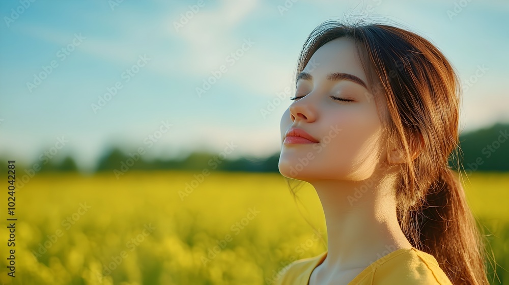 Close up of a serene woman standing in a lush green meadow on a sunny day focusing on her breathing and practicing mindfulness This calming peaceful image captures the essence of wellness relaxation Close up of a serene woman standing in a lush green meadow on a sunny day focusing on her breathing and practicing mindfulness This calming peaceful image captures the essence of wellness relaxation