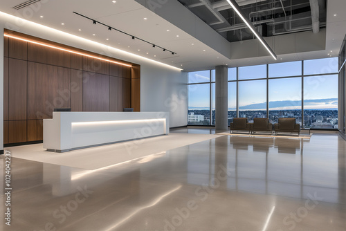 Spacious Modern Office Lobby Featuring a Large Reception Desk and Stylish Interior photo