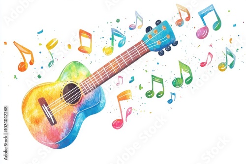 Colorful acoustic guitar with vibrant musical notes swirling around, representing harmony and creativity in music.