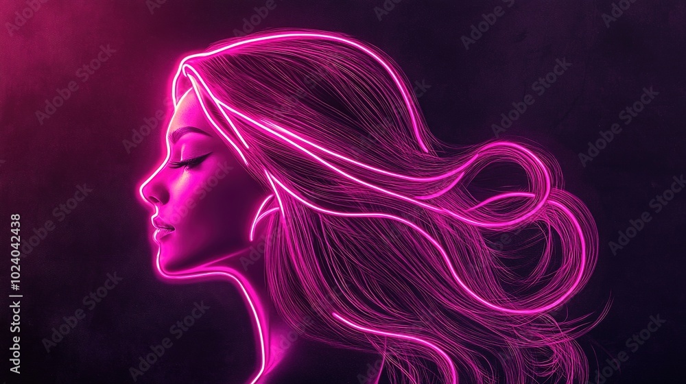 A vibrant and modern logo design featuring a women's stair-step haircut, elegantly showcasing long hair with stylish layers. The logo is illuminated by a bright pink neon sign that stands out against A vibrant and modern logo design featuring a women's stair-step haircut, elegantly showcasing long hair with stylish layers. The logo is illuminated by a bright pink neon sign that stands out against