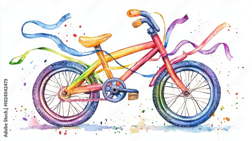 Fototapeta premium Colorful watercolor illustration of a bicycle surrounded by vibrant ribbons and splashes, perfect for kids' designs and playful themes.