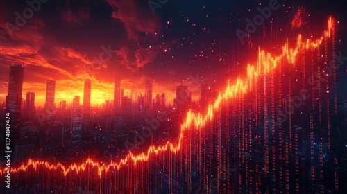 A glowing red line graph rises over a city skyline against a fiery sunset.