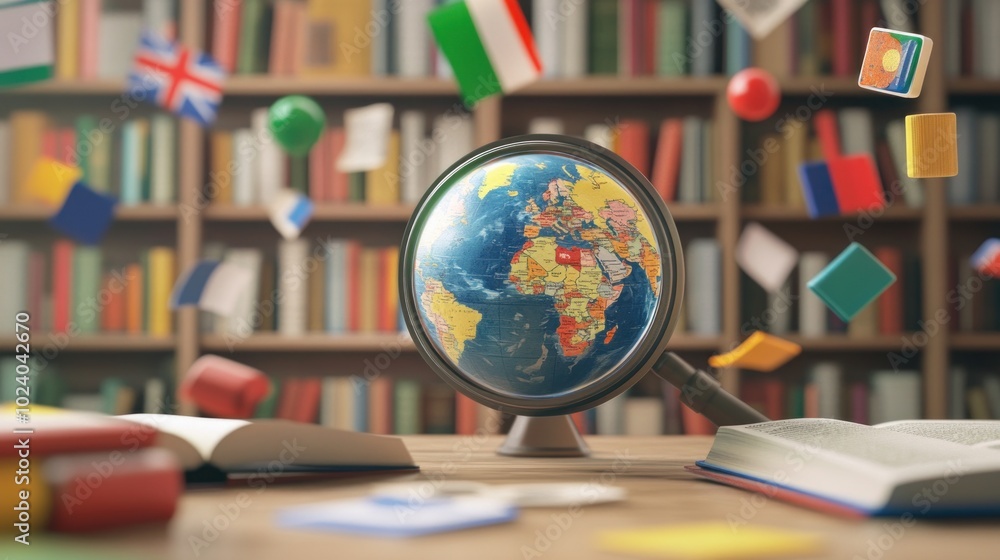 A globe surrounded by books and floating flags, symbolizing global knowledge and culture. A globe surrounded by books and floating flags, symbolizing global knowledge and culture.