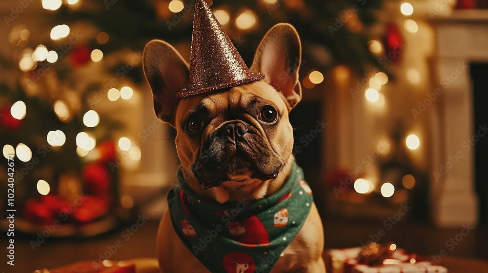 A festive dog wearing a party hat and scarf, surrounded by holiday decorations. A festive dog wearing a party hat and scarf, surrounded by holiday decorations.