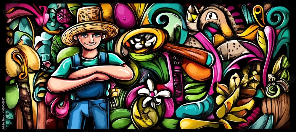 Fototapeta premium A colorful illustration featuring a farmer amidst vibrant plants and flowers.