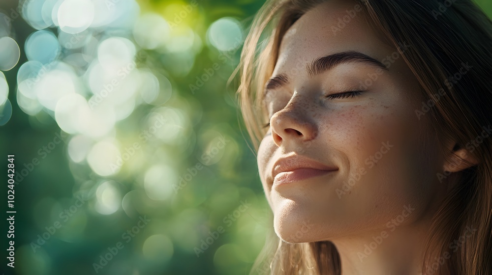 Close up portrait of a serene woman enjoying the fresh air eyes closed on a peaceful nature hike amidst the soft dappled sunlight filtering through the lush verdant trees creating a calm Close up portrait of a serene woman enjoying the fresh air eyes closed on a peaceful nature hike amidst the soft dappled sunlight filtering through the lush verdant trees creating a calm