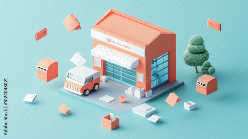 A stylized post office scene with a delivery vehicle and floating mail items. A stylized post office scene with a delivery vehicle and floating mail items.