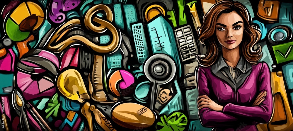 Fototapeta premium A professional woman stands confidently among various colorful office supplies and tools.