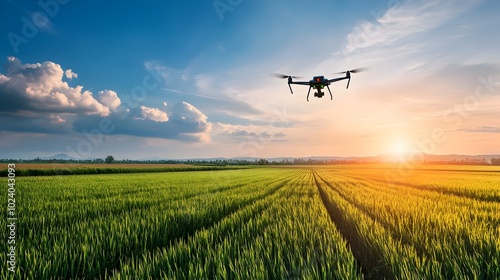 Aerial drone shot of a large lush agricultural field representing modern and innovative farming technology