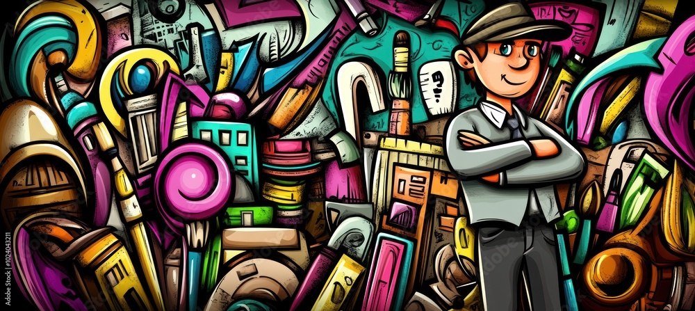 Fototapeta premium A colorful illustration featuring a character amidst various tools and objects.