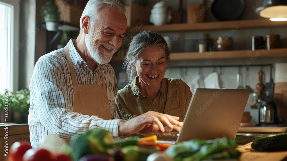 Mature married couple sitting together with laptop on the kitchen at home, modern happy senior man and woman Mature married couple sitting together with laptop on the kitchen at home, modern happy senior man and woman