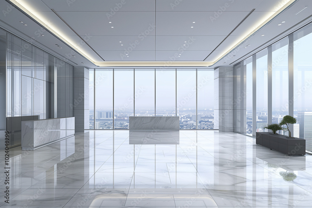 Modern Office Lobby with Minimalist Furniture and Polished Wooden Accents Modern Office Lobby with Minimalist Furniture and Polished Wooden Accents