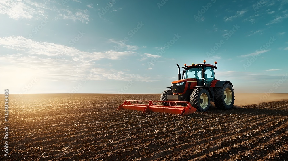 Obraz premium Futuristic tractor plowing a vast agricultural field against a backdrop of a clear blue sky showcasing modern farming machinery and technology in a scenic rural landscape
