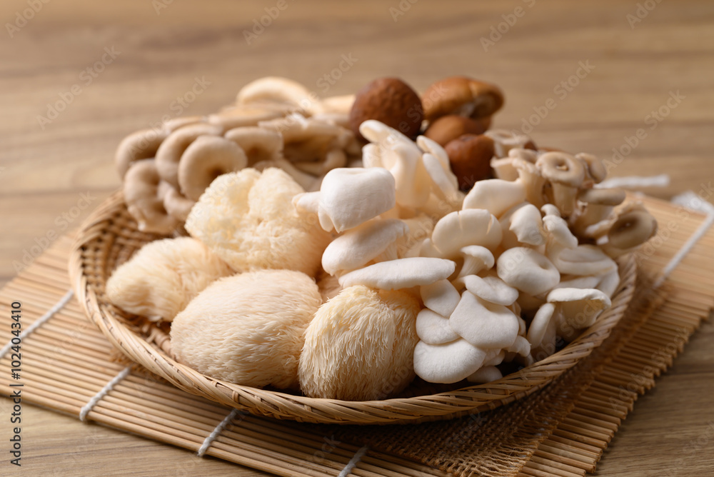 Lion's Mane mushroom, Oyster mushroom and Yanagimutsutake mushroom Lion's Mane mushroom, Oyster mushroom and Yanagimutsutake mushroom