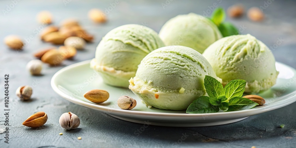 Ice cream scoops with pistachios on a plate Ice cream scoops with pistachios on a plate