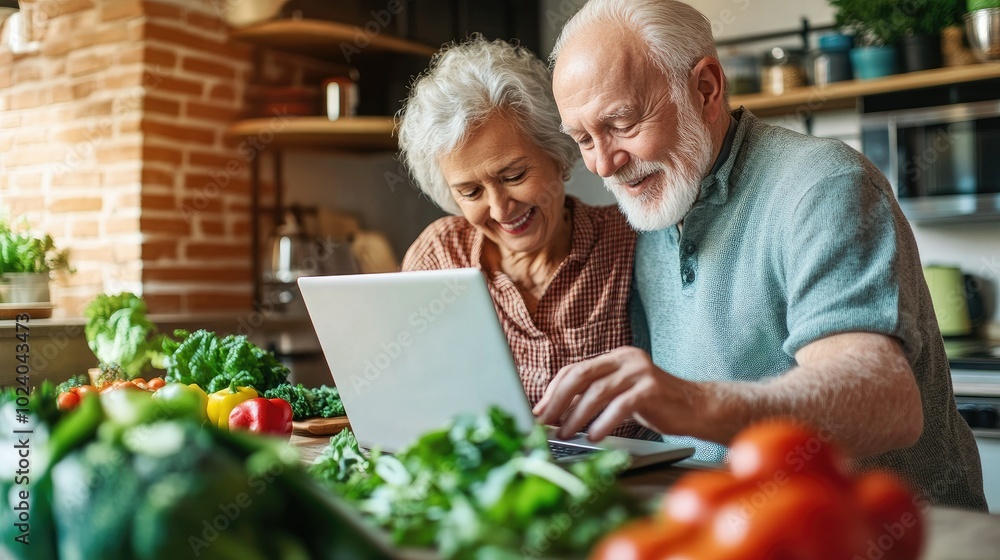 Mature married couple sitting together with laptop on the kitchen at home, modern happy senior man and woman Mature married couple sitting together with laptop on the kitchen at home, modern happy senior man and woman