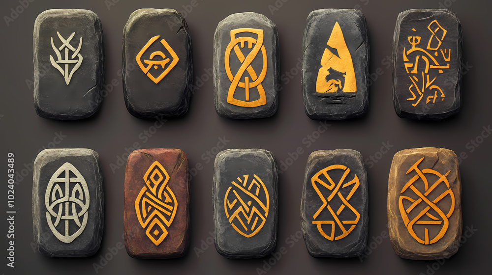Fotografia Ancient runes iconography: enigmatic traditional runestone ...