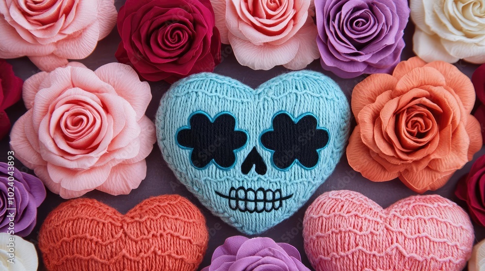 Colorful heart shapes with a skull design surrounded by beautiful roses in various shades, perfect for a unique decoration. Colorful heart shapes with a skull design surrounded by beautiful roses in various shades, perfect for a unique decoration.