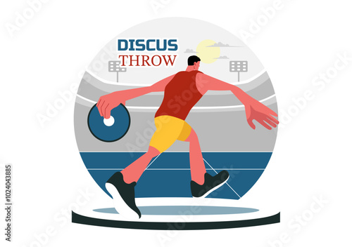 Discus Throw Athletics Vector Illustration featuring an Athlete Throwing a Wooden Disc in a Sports Championship with a Flat Style Cartoon Background