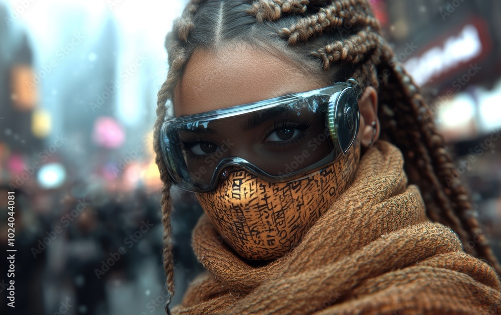 Digital allure: girl in a holographic mask, mix of traditional, futuristic clothing, vibrant technologically saturated city background, showcasing fusion of pop surrealism, cyberpunk fashion styles. Digital allure: girl in a holographic mask, mix of traditional, futuristic clothing, vibrant technologically saturated city background, showcasing fusion of pop surrealism, cyberpunk fashion styles.