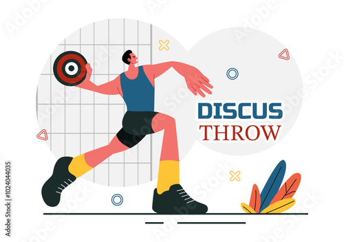 Discus Throw Athletics Vector Illustration featuring an Athlete Throwing a Wooden Disc in a Sports Championship with a Flat Style Cartoon Background