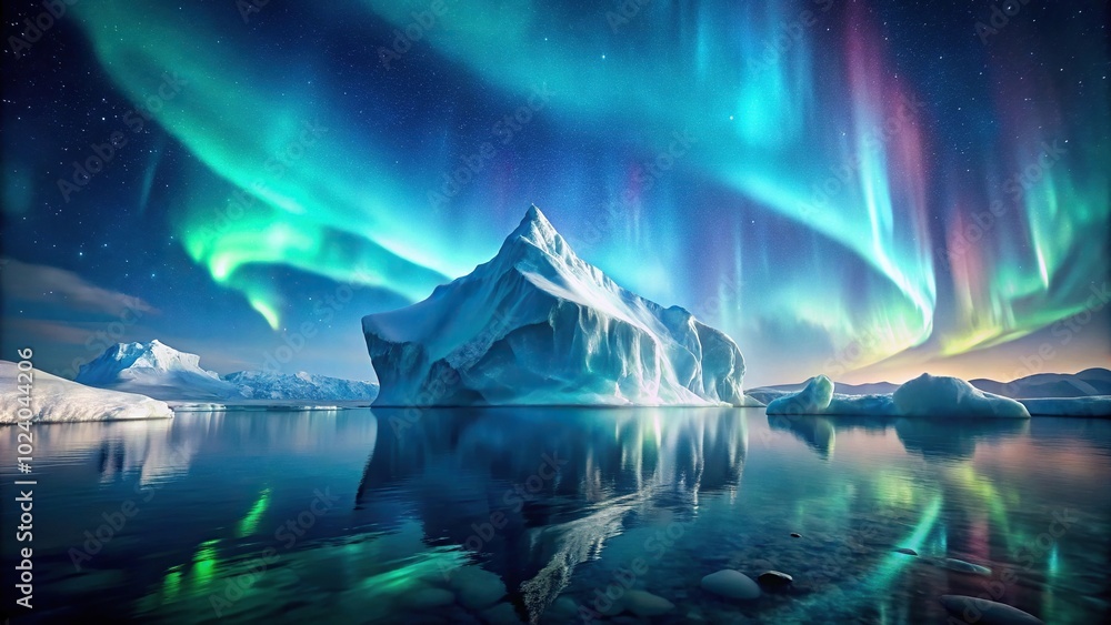 Iceberg floating in ocean under Northern Lights Iceberg floating in ocean under Northern Lights