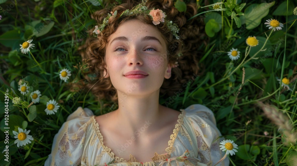 A young woman lies in a field of flowers, looking up at the sky with a peaceful expression. AI. A young woman lies in a field of flowers, looking up at the sky with a peaceful expression. AI.