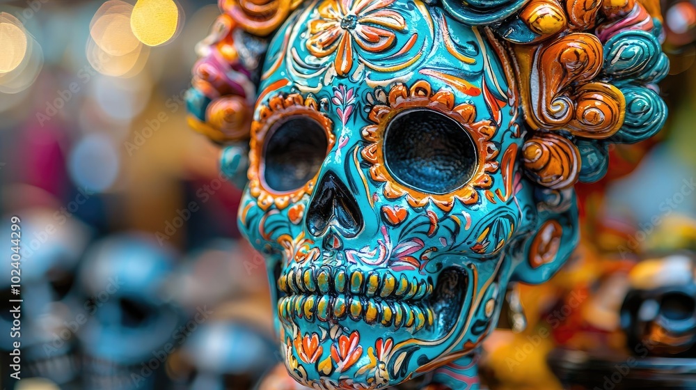 Fototapeta premium A vibrant sugar skull adorned with colorful patterns, symbolizing the Day of the Dead celebration in Mexico.