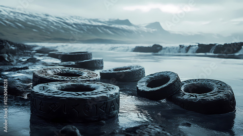 Ancient viking rings carved from runic stones in the icy landscapes of iceland. Viking Rune Stones. Illustration