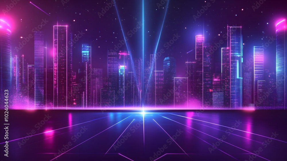 Background of empty show scene. Empty dark modern abstract neon background. Glow of neon lights on an empty stage, diodes, rays and lines. Lights of the night city. Background of empty show scene. Empty dark modern abstract neon background. Glow of neon lights on an empty stage, diodes, rays and lines. Lights of the night city.