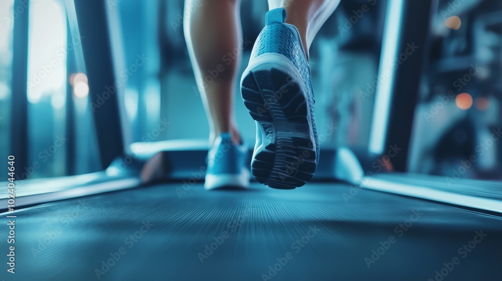A close-up of the legs and shoes running on an electric treadmill in a gym A close-up of the legs and shoes running on an electric treadmill in a gym