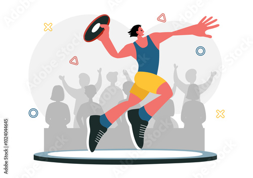 Discus Throw Athletics Vector Illustration featuring an Athlete Throwing a Wooden Disc in a Sports Championship with a Flat Style Cartoon Background