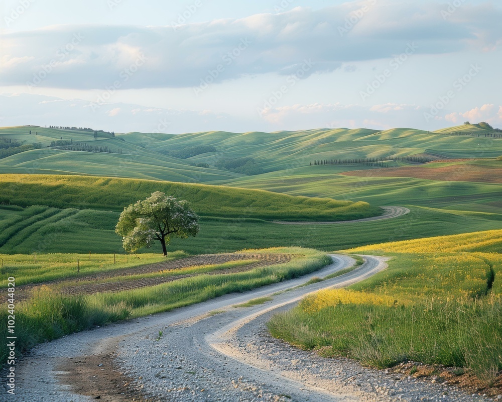 Naklejka premium A winding dirt road leads through a rolling green landscape. AI.