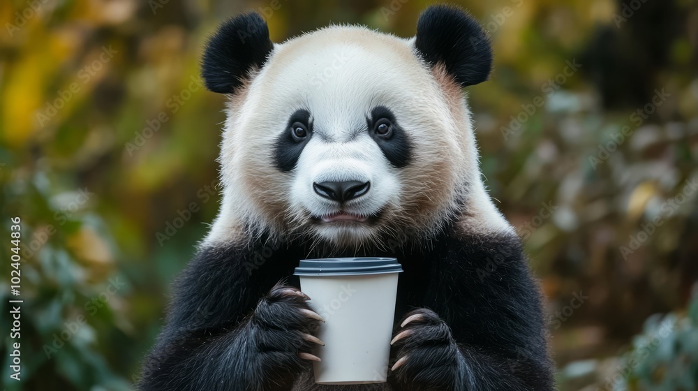 Obraz premium A panda bear holding a coffee cup