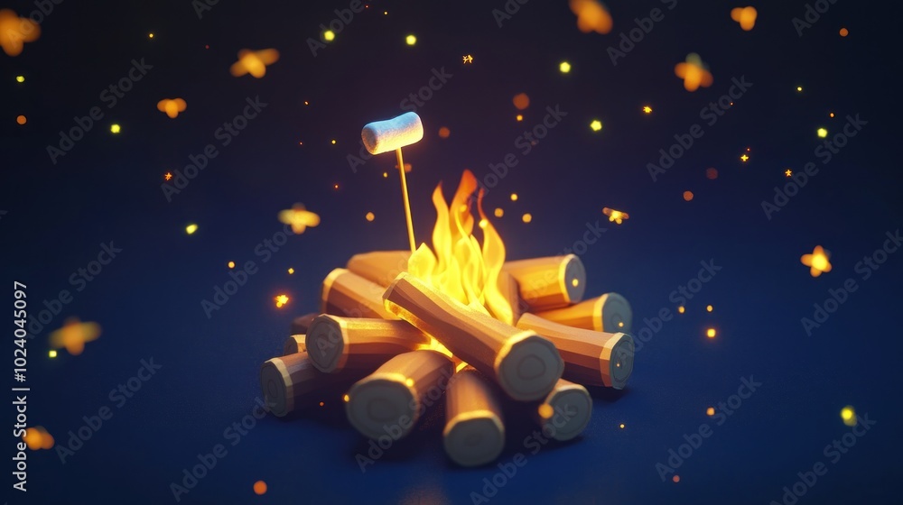 Naklejka premium A vibrant campfire scene with logs and a marshmallow on a stick, evoking a cozy atmosphere.