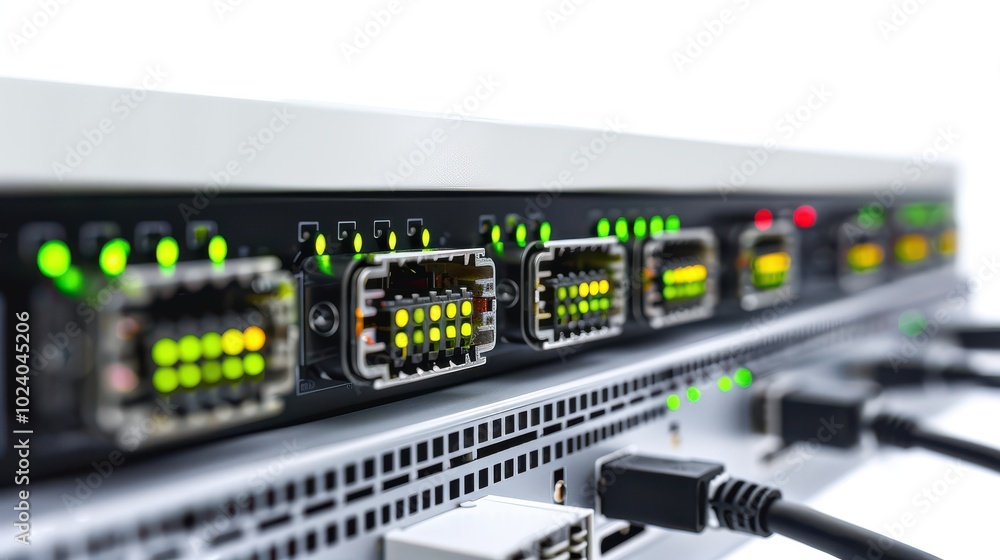High-Tech Network Equipment with LED Indicators High-Tech Network Equipment with LED Indicators