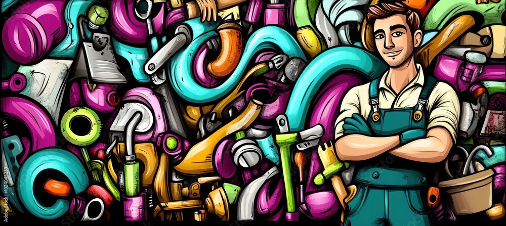 Obraz premium A colorful array of tools and plumbing supplies with a confident worker in overalls.