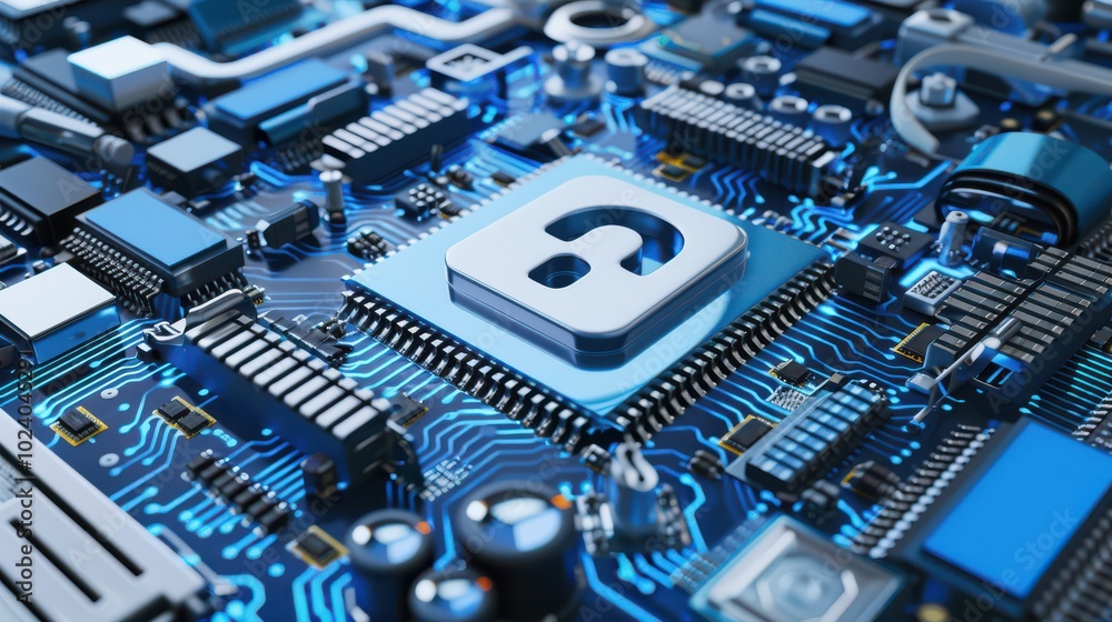 Modern Circuit Board with Lock Symbol in Blue Hues Modern Circuit Board with Lock Symbol in Blue Hues