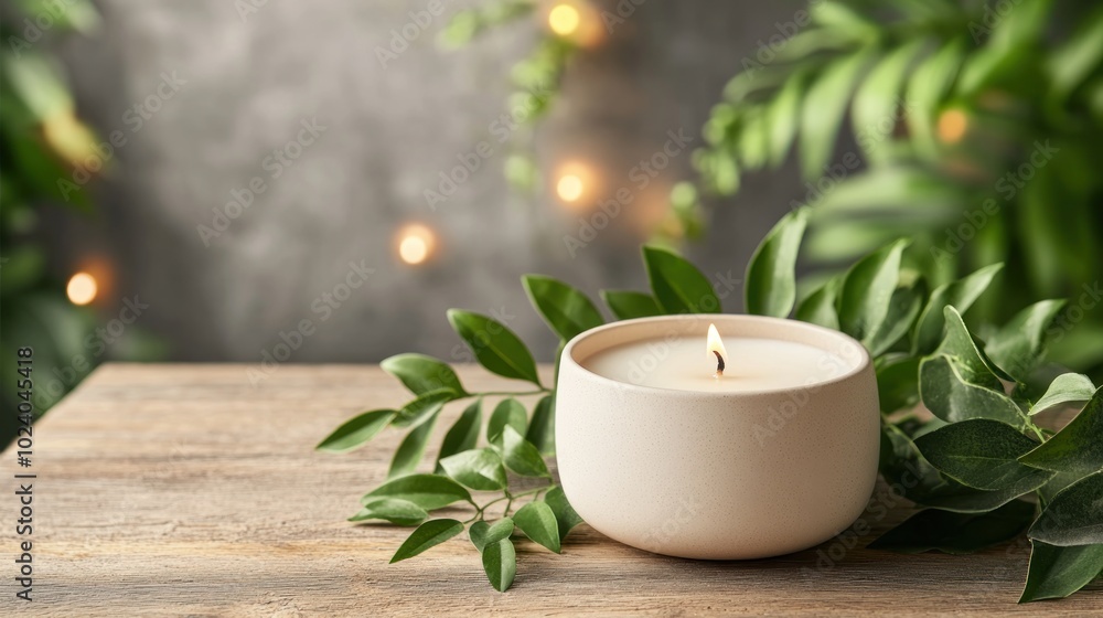 A serene candle surrounded by greenery, creating a calming atmosphere. A serene candle surrounded by greenery, creating a calming atmosphere.