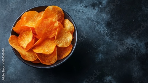 Bowl of crispy orange vegetable chips on a dark slate surface, natural snack concept. Concept of healthy eating, organic food, and vegetarian diet photo