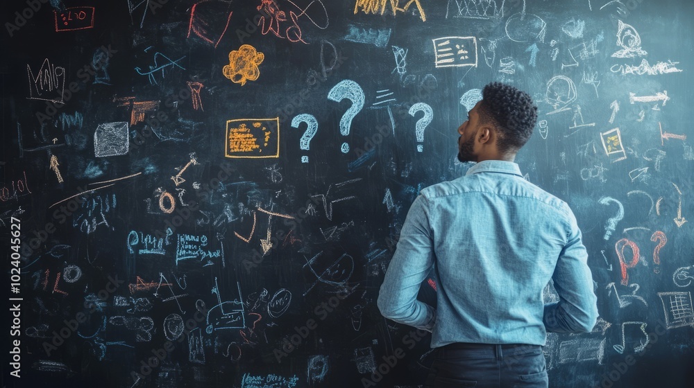 Businessman contemplating chalkboard filled with question marks and notes Businessman contemplating chalkboard filled with question marks and notes