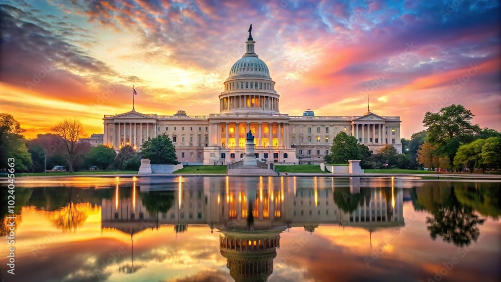 Fototapeta premium Iconic view of the United States Capitol building at sunrise with forced perspective
