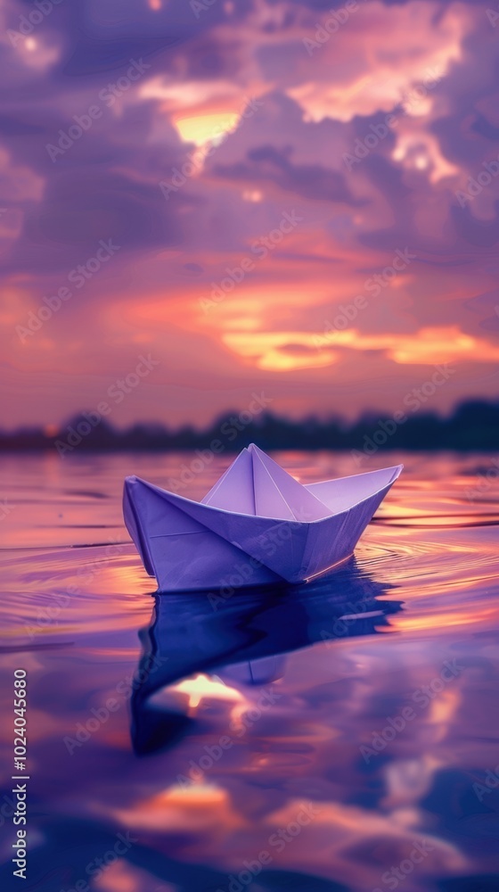Ordinary paper boat It floats in the water at evening with reflection from the beautiful purple sky. Ordinary paper boat It floats in the water at evening with reflection from the beautiful purple sky.
