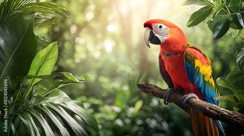 Vibrant parrot perched on a tree branch surrounded by lush tropical foliage creating a nature inspired scene with a digital tone and split complementary color scheme photo