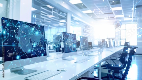 Modern Office Workspace with Technology and Data Visualization