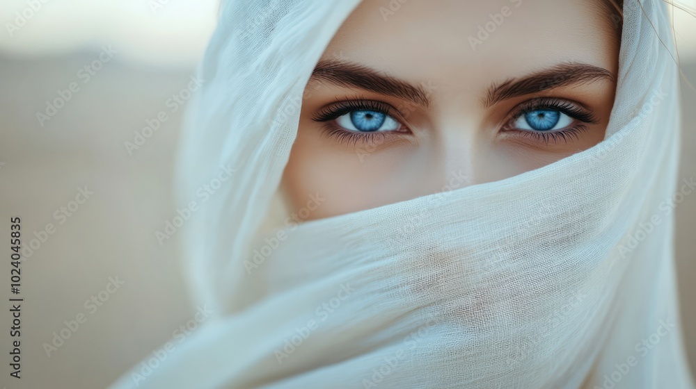 Close-up portrait of a beautiful girl with bright blue eyes which is dressed in a white burqa against the blurred desert background Close-up portrait of a beautiful girl with bright blue eyes which is dressed in a white burqa against the blurred desert background