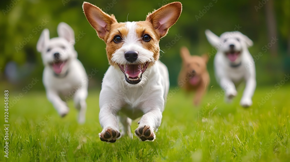 Energetic pack of dogs running joyfully through a vivid colorful field capturing the spirit of carefree animal activity in a dynamic robotic inspired setting Energetic pack of dogs running joyfully through a vivid colorful field capturing the spirit of carefree animal activity in a dynamic robotic inspired setting