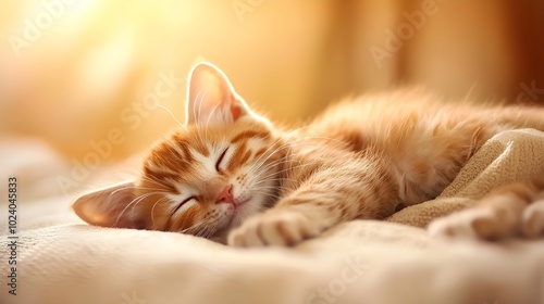 A peaceful and cozy side view of a sleeping kitten curled up on a soft plush blanket with a soothing analogous color scheme evoking a sense of warmth and comfort for usage