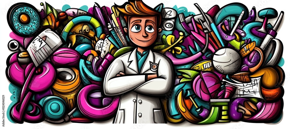 Fototapeta premium A colorful illustration featuring a scientist surrounded by various scientific tools and elements.